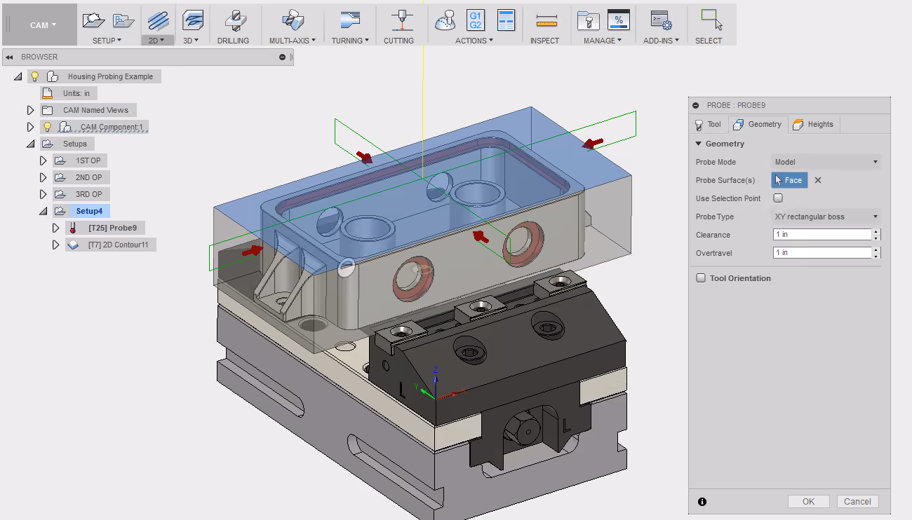 Vista previa de sondeo rectangular de una pieza sujeta en mordaza en Autodesk Fusion