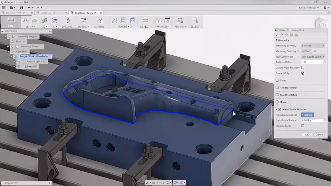 Modelo y trayectoria CAM asociados en Autodesk Fusion