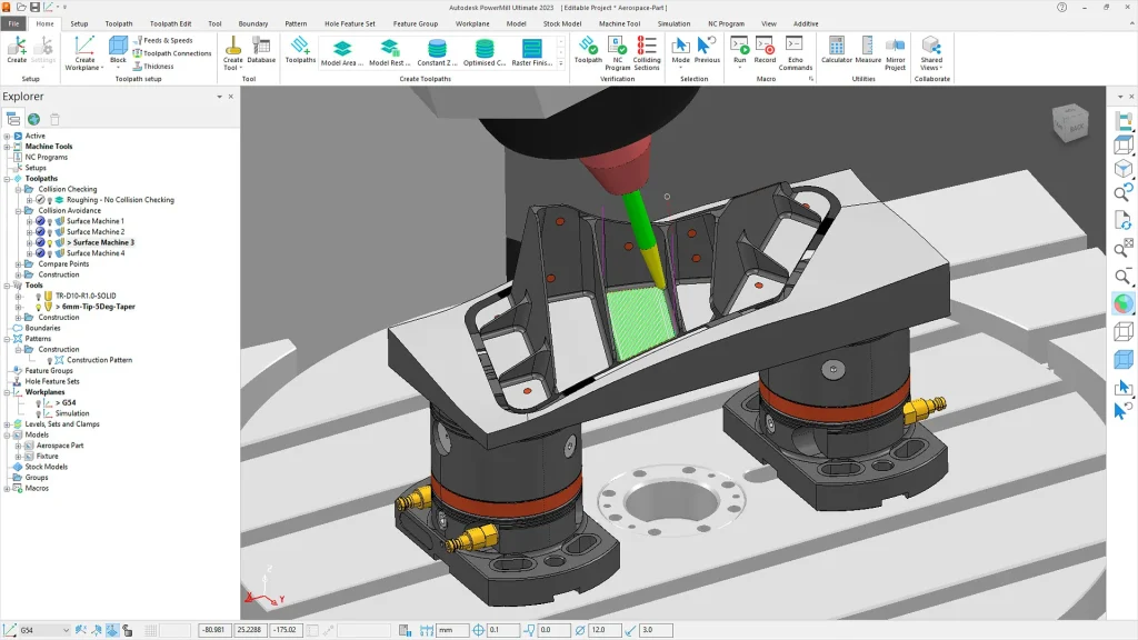 Interfaz de Autodesk PowerMill con programación CAM de mecanizado de cinco ejes