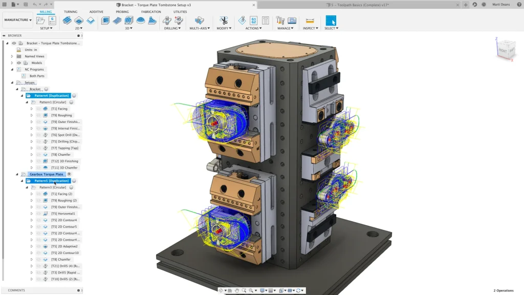 Trayectorias de mecanizado de varias piezas en una torre de sujeción dentro de Autodesk Fusion
