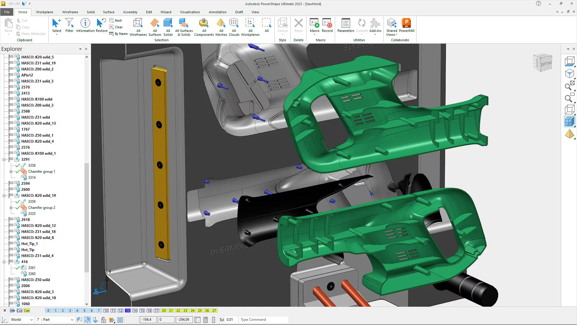 Modelo de un molde y sus componentes en Autodesk PowerShape
