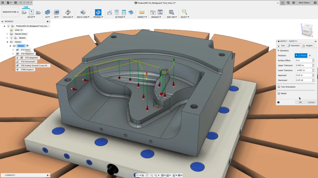 Puntos y recorrido de sondeo sobre una superficie de molde en Autodesk Fusion