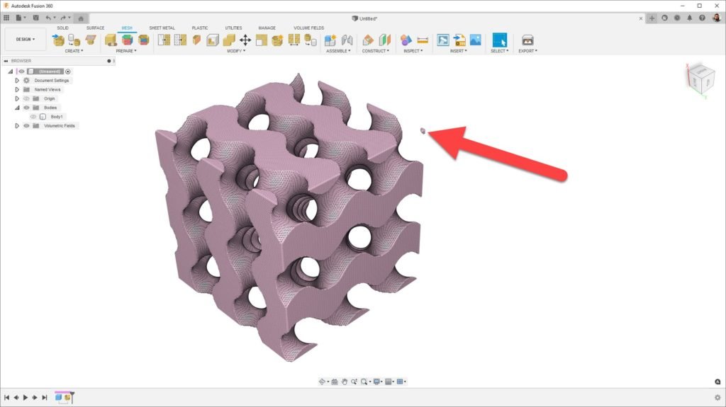 Captura de Autodesk Fusion con una pequeña región de malla separada, señalada para revisión y reparación