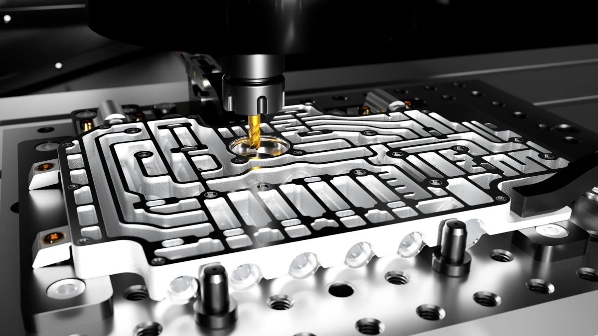 Modelo de un componente y su utillaje dentro de una máquina CNC en PowerMill