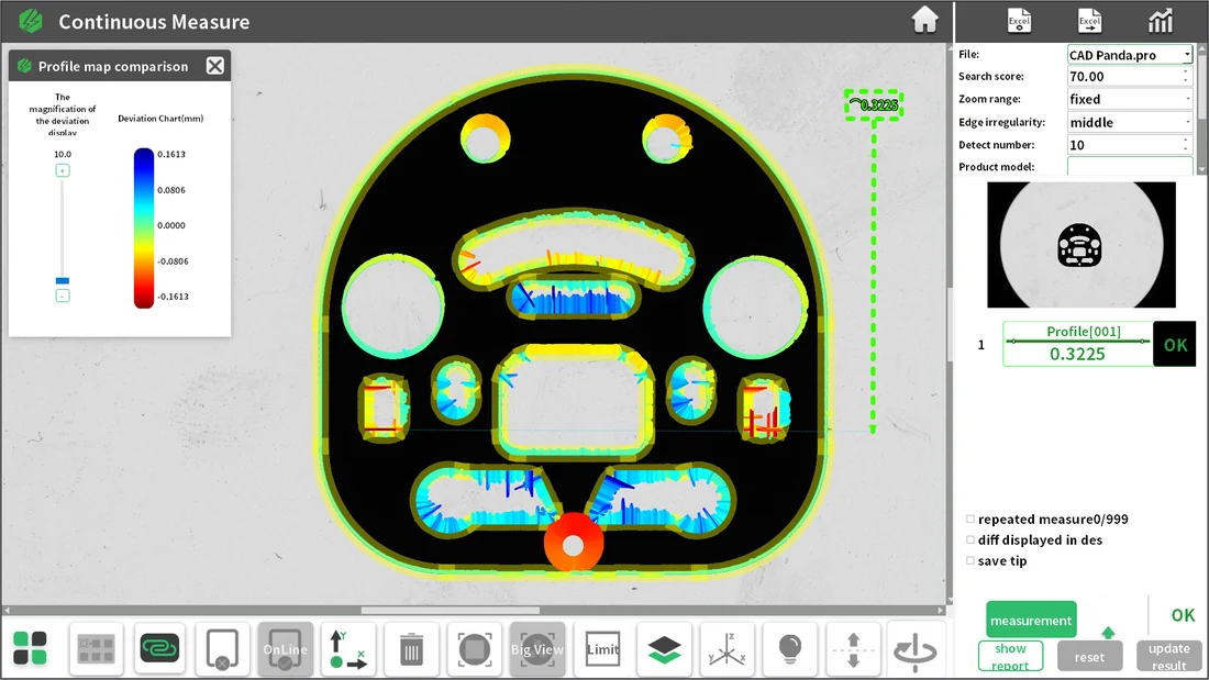 Comparación de un perfil medido frente al CAD en la pantalla de Venture FV