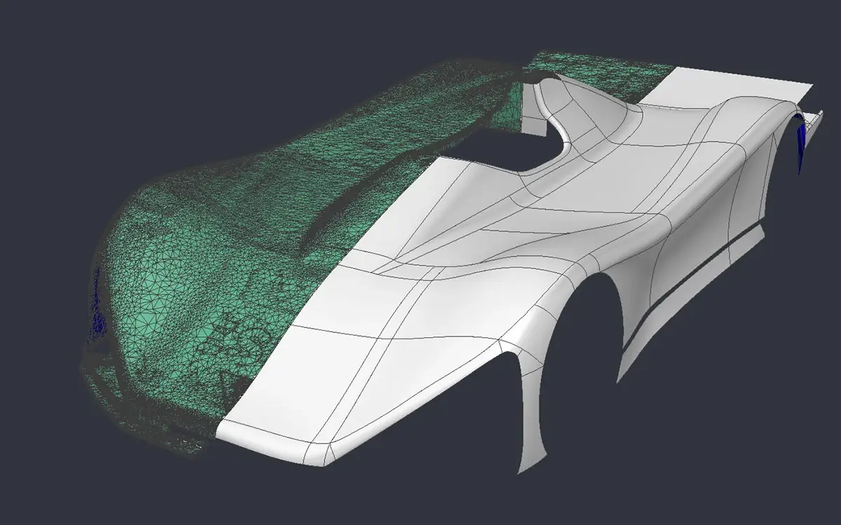 Malla escaneada de una carrocería y superficies CAD reconstruidas en un flujo de ingeniería inversa