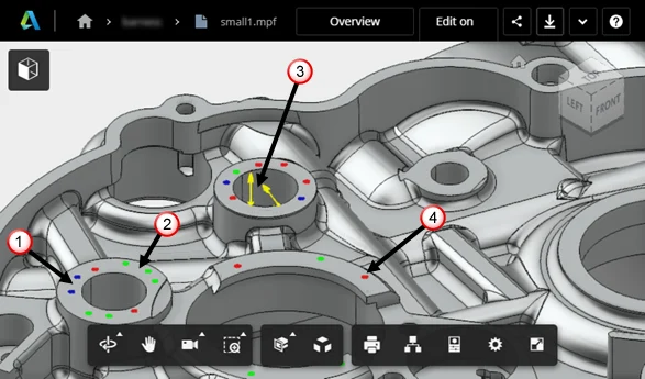 Resultados de PowerMill Probing en Autodesk Drive, con puntos coloreados según su desviación frente a CAD