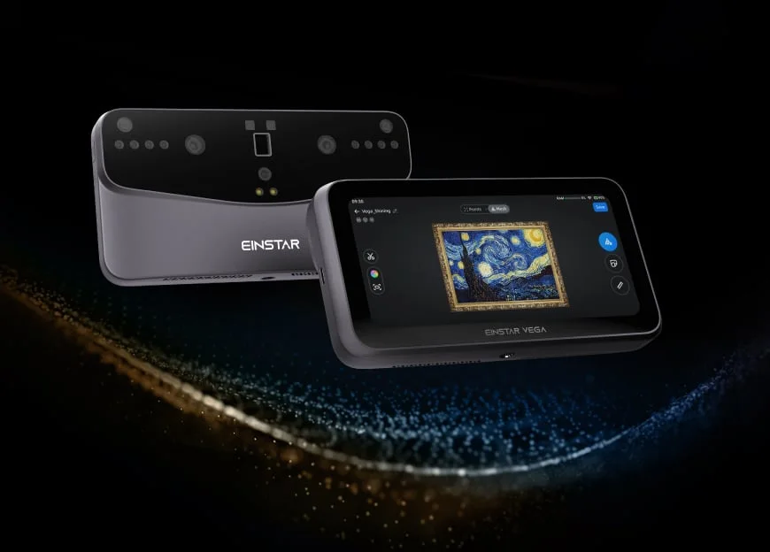 Escáner 3D EINSTAR VEGA visto de frente y con su pantalla integrada