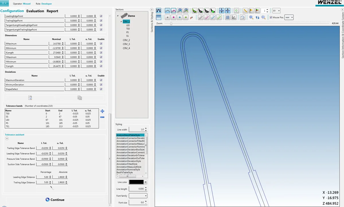 WM Blade Analyzer mostrando el perfil de un álabe y sus bandas de tolerancia