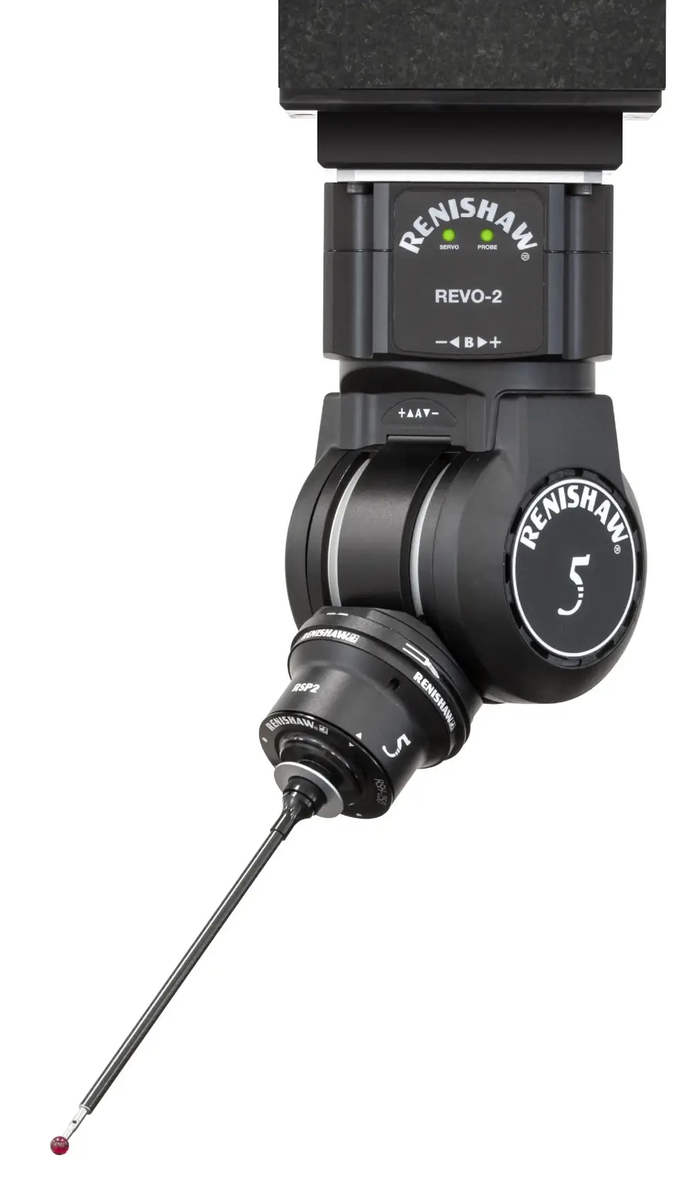 Sonda Renishaw RSP2 montada en REVO-2 con su palpador completo