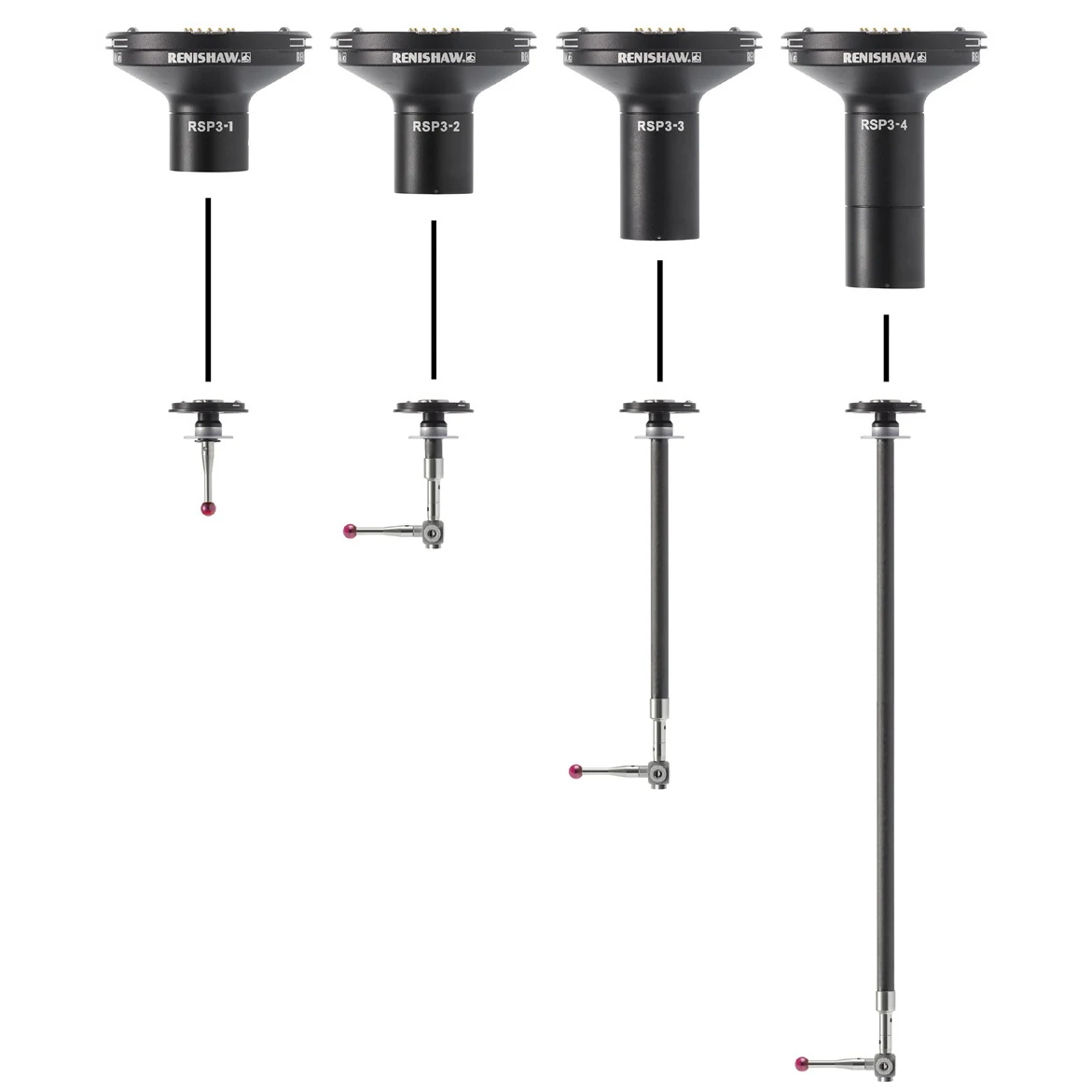 Sondas Renishaw RSP3-1 a RSP3-4 con sus portapalpadores de longitudes diferentes