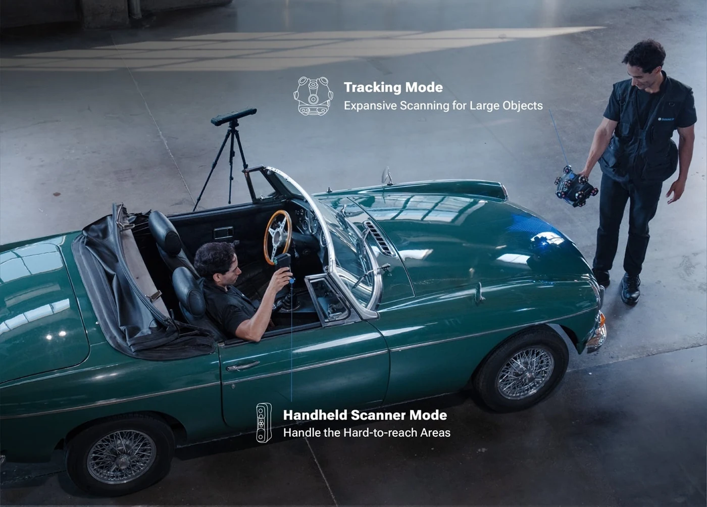 EinScan Trak en captura de automóvil con tracker y modo de mano