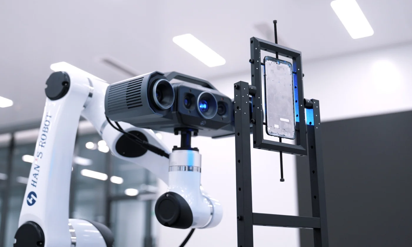 RobotScan Q12 capturando detalles de una pieza sujeta en una fijación