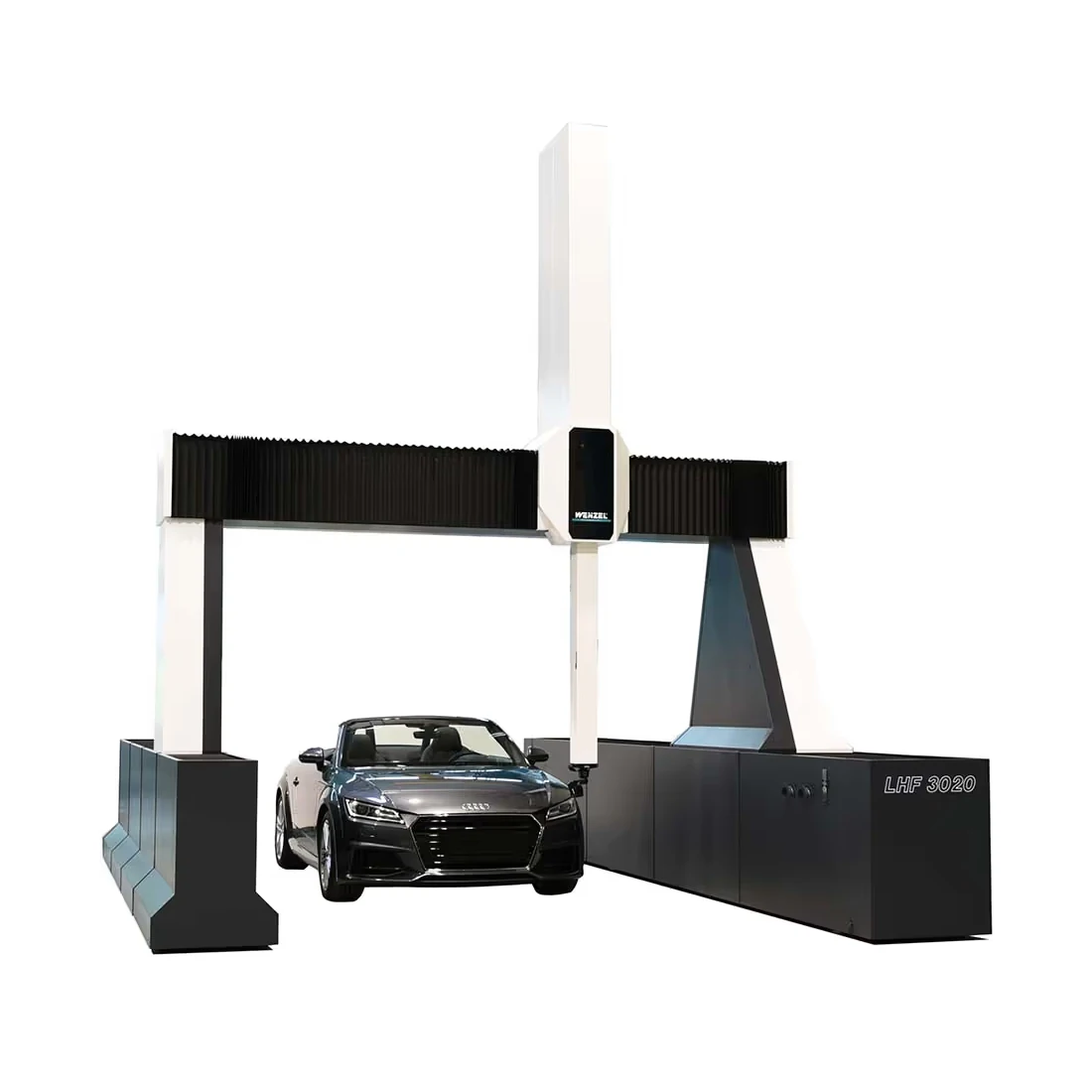 WENZEL LHF 3020 completa, con guías a nivel del piso y un automóvil dentro del volumen de medición