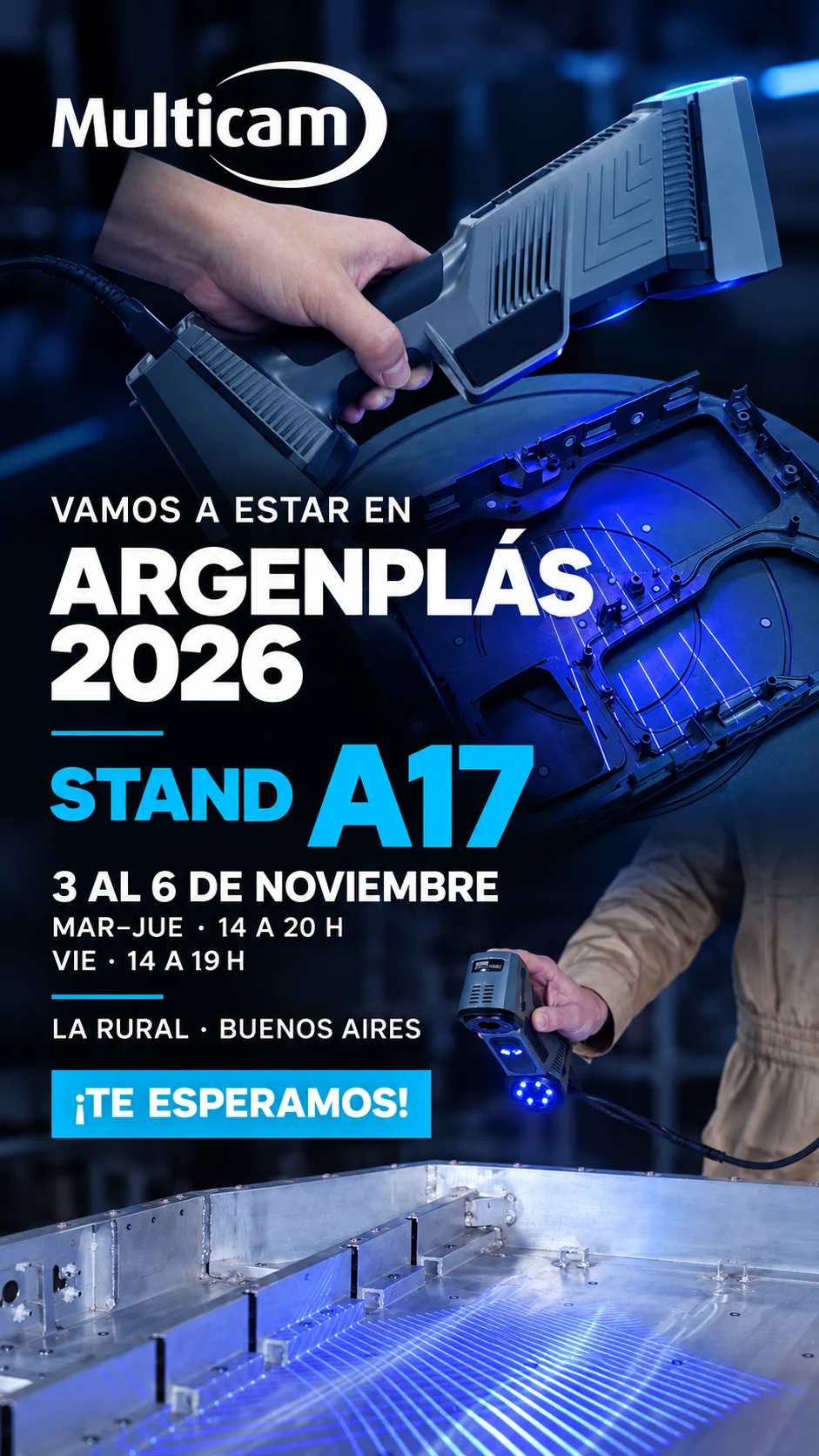 Invitación de MultiCAM a ARGENPLÁS 2026, stand A17: del 3 al 6 de noviembre en La Rural, con escáneres 3D en acción