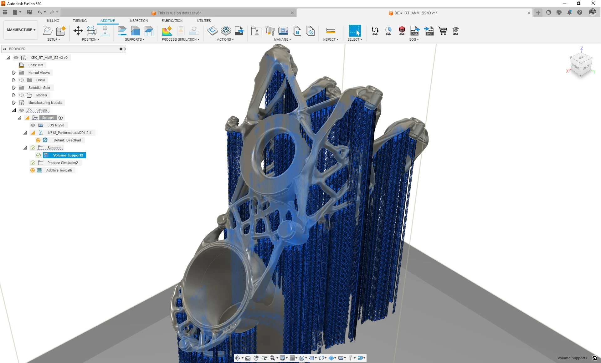 Preparación de impresión 3D metálica en Autodesk Fusion con Manufacturing Extension, pieza y soportes en la plataforma