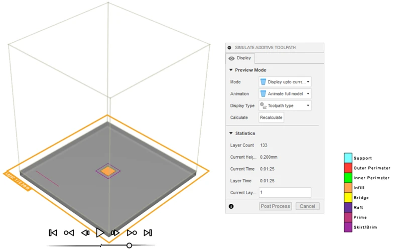 Simulación de las trayectorias por capas de una pieza FFF en Autodesk Fusion