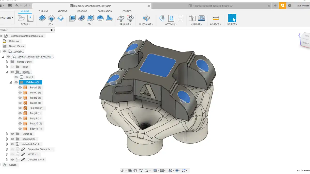Pieza y utillaje de sujeción en un modelo de fabricación de Autodesk Fusion