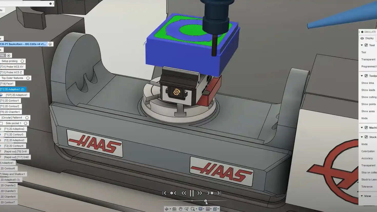 Simulación de la herramienta y una pieza sujeta en mesa giratoria en Autodesk Fusion