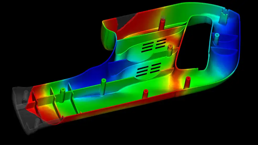 Resultado de simulación de una pieza plástica en Autodesk Moldflow