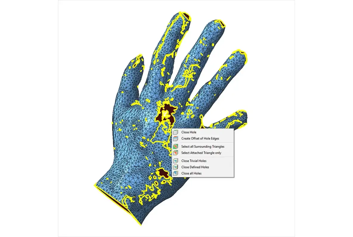 Malla con zonas por reparar en Autodesk Netfabb antes de preparar la fabricación aditiva