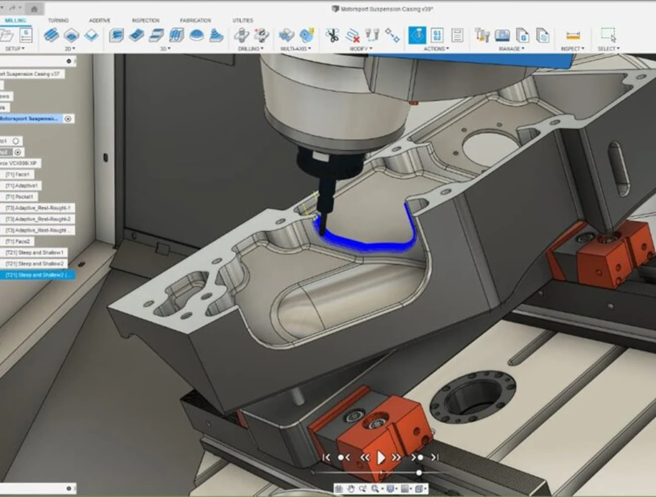 Pieza y trayectorias de mecanizado en Autodesk Fusion