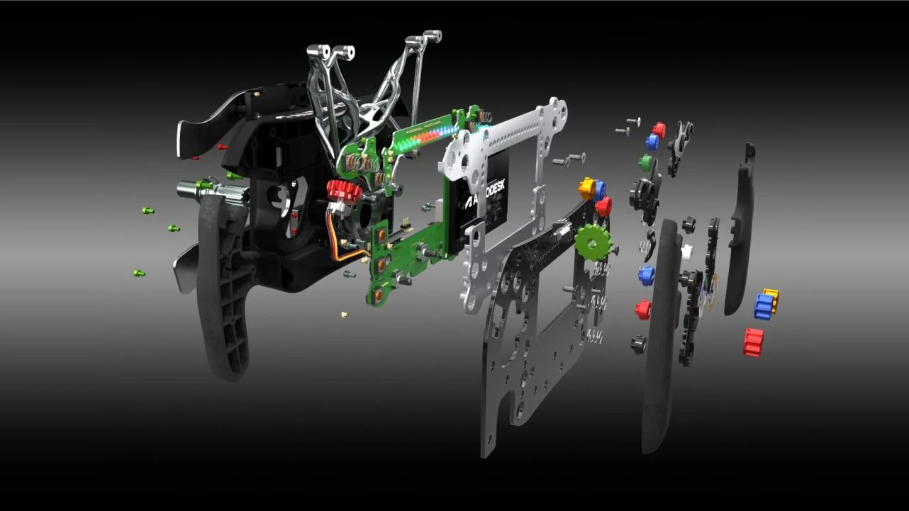 Carcasa plástica y componentes de un volante diseñado con Autodesk Fusion