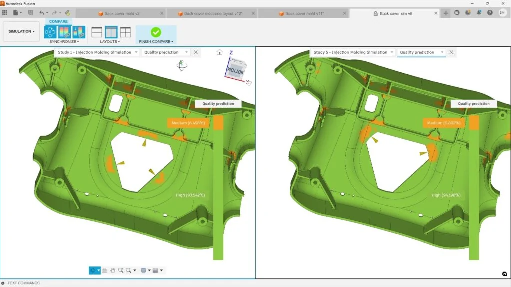 Comparación de calidad prevista para dos configuraciones de inyección de una carcasa en Fusion