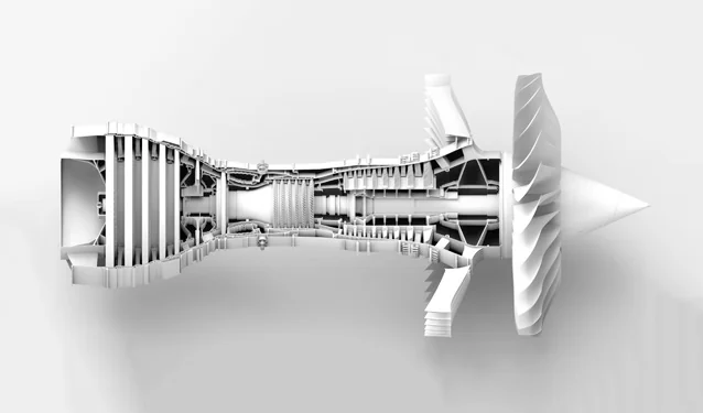 Vista en corte de una turbina como ejemplo de geometrías para ingeniería inversa