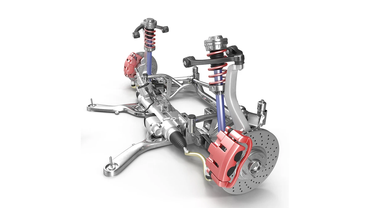 Render técnico completo de un conjunto de chasis con suspensión, dirección y frenos